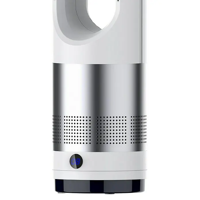Purline Venty Ventilador de torre Zonda - 30 W - 1.200 W, Blanco, 56 cm - Ventilador de torre sin aspas blanco y plateado con sección inferior perforada y pantalla digital.