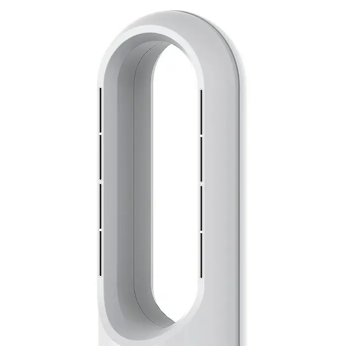 Purline Venty Ventilador de torre Zonda - 30 W - 1.200 W, Blanco, 56 cm - Sección superior de un ventilador sin aspas blanco, en forma de arco, que muestra las ranuras de ventilación internas.