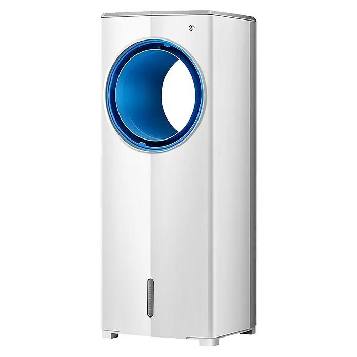 Purline Rafy Climatizador evaporativo 40N - 65 W, Potencia de aire: 470 m³/h, Altura: 73 cm, Blanco - Ventilador de torre blanco sin aspas con un anillo interior azul y un indicador frontal de nivel de agua.