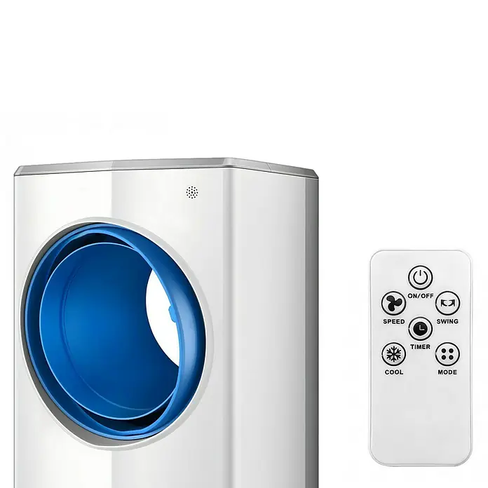 Purline Rafy Climatizador evaporativo 40N - 65 W, Potencia de aire: 470 m³/h, Altura: 73 cm, Blanco - Ventilador de torre blanco con salida circular azul y control remoto blanco.