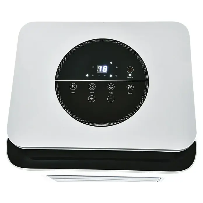 Purline Aire acondicionado portátil Cooly - 2.640 W, Tamaño de la estancia: 20 m², Blanco - Vista superior de un purificador de aire blanco con panel de control táctil digital negro para funciones de reposo, temporizador, modo, velocidad y encendido.