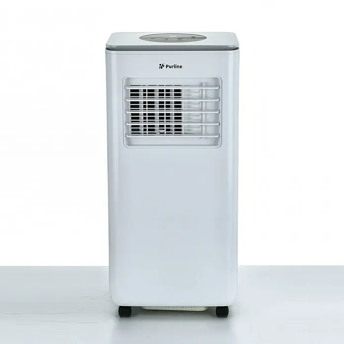 Purline Aire acondicionado portátil Cooly - 2.640 W, Tamaño de la estancia: 20 m², Blanco - Aire acondicionado portátil blanco con panel de control superior, rejilla frontal y ruedas inferiores.