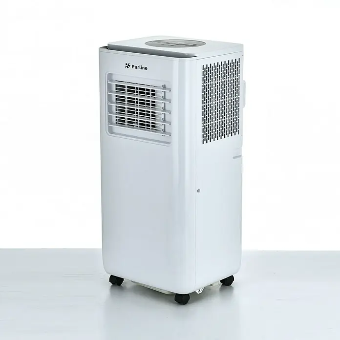 Purline Aire acondicionado portátil Cooly - 2.050 W, Tamaño de la estancia: 15 m², Blanco - Aire acondicionado portátil Pürline blanco sobre ruedas con rejillas frontales y laterales.