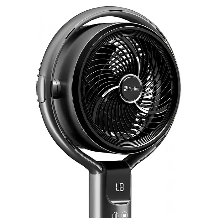 Purline Misty Ventilador de pie Apollo - 50 W, Potencia de aire: 0,2 m³/h, Negro, 98 cm - Un elegante ventilador PURLINE negro con pantalla digital 'L8' y aspas visibles detrás de una rejilla.