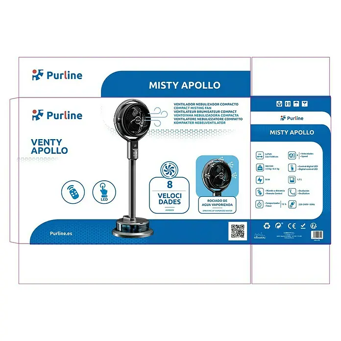 Purline Misty Ventilador de pie Apollo - 50 W, Potencia de aire: 0,2 m³/h, Negro, 98 cm - Ventilador nebulizador compacto negro y plata Purline "Misty Apollo" sobre pie con mando a distancia.