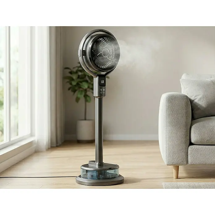 Purline Misty Ventilador de pie Apollo - 50 W, Potencia de aire: 0,2 m³/h, Negro, 98 cm - Moderno ventilador de pedestal gris oscuro con cabeza redonda y pantalla digital, emitiendo una fina niebla en un salón luminoso.