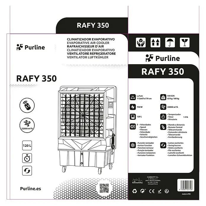Purline Rafy Climatizador evaporativo 350 - 750 W, Potencia de aire: 22.000 m³/h, Blanco, Altura: 170 cm - Enfriador de aire evaporativo PURLINE RAFY 350 en blanco y negro, un aparato grande y rectangular con una rejilla de ventilador prominente.