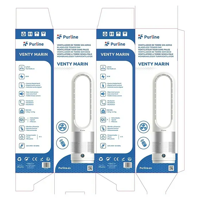 Purline Venty Ventilador de torre Marín - 30 W, Blanco, 56 cm - Caja de producto blanca y azul para un ventilador de torre sin aspas Purline Venty Marin, con imagen del ventilador blanco y plateado.