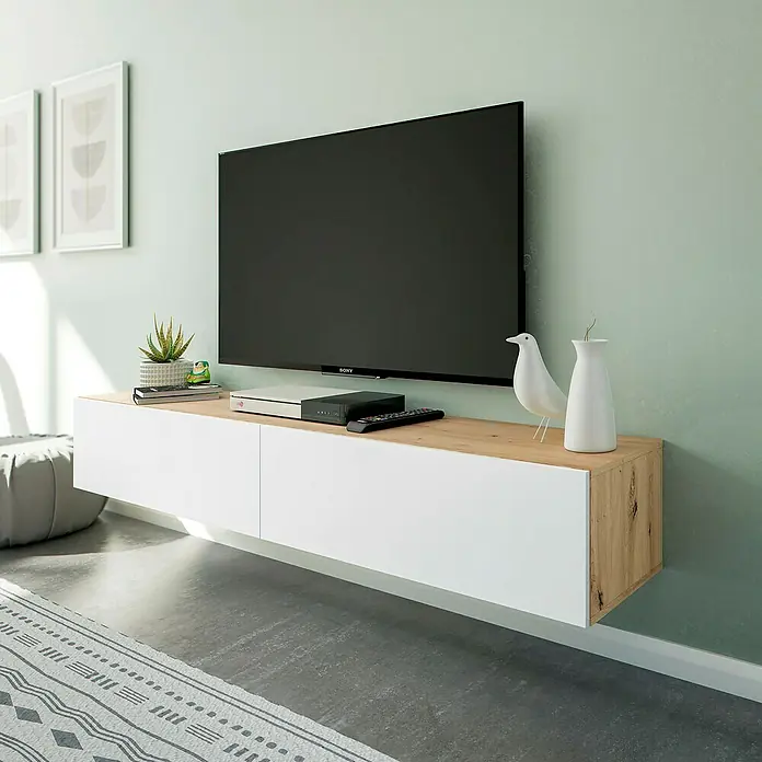 Mueble para TV Kaway - L x An x Al: 34,5 x 180 x 28 cm, Roble Nodi/Blanco Artik - Mueble de TV flotante blanco con detalles de madera, para TV y dispositivos multimedia.