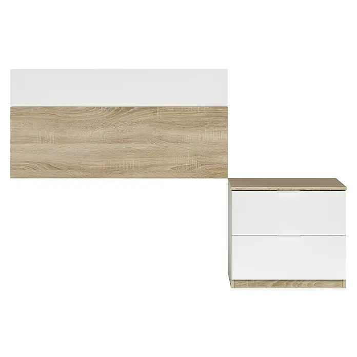 Cabecero de cama y mesita de noche Luca - Roble Canadian/Blanco Artik, 2 pzs. - Mesita de noche de dos cajones con estructura efecto madera clara y frentes blancos.