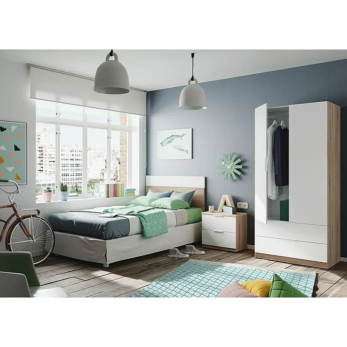 Cabecero de cama y mesita de noche Luca - Roble Canadian/Blanco Artik, 2 pzs. - Un dormitorio moderno con una cama con cabecero blanco y efecto madera, mesita de noche a juego y un armario, todo con detalles en verde claro y gris.