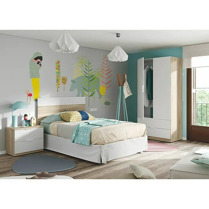 Cabecero de cama y mesita de noche Luca - Roble Canadian/Blanco Artik, 2 pzs. - Cama individual infantil con cabecero blanco y de madera, ropa de cama de estrellas y manta azul en un dormitorio.