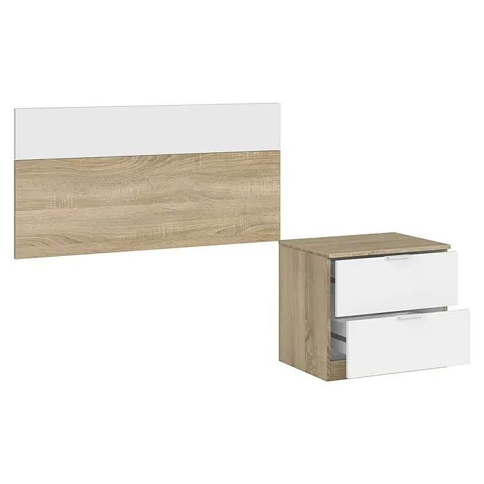 Cabecero de cama y mesita de noche Luca - Roble Canadian/Blanco Artik, 2 pzs. - Panel de pared y mesita de noche de dos cajones en madera clara y blanco.