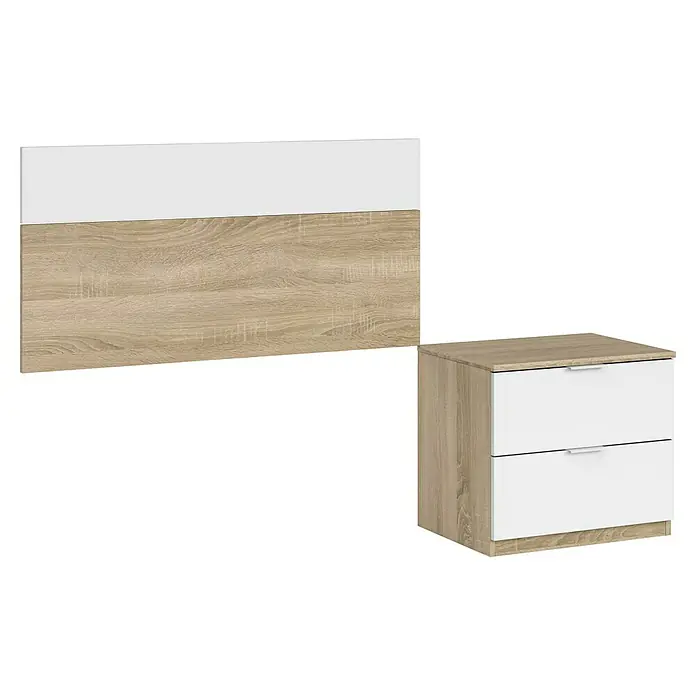 Cabecero de cama y mesita de noche Luca - Roble Canadian/Blanco Artik, 2 pzs. - Cabecero de madera clara y blanco con mesita de noche a juego de dos cajones.