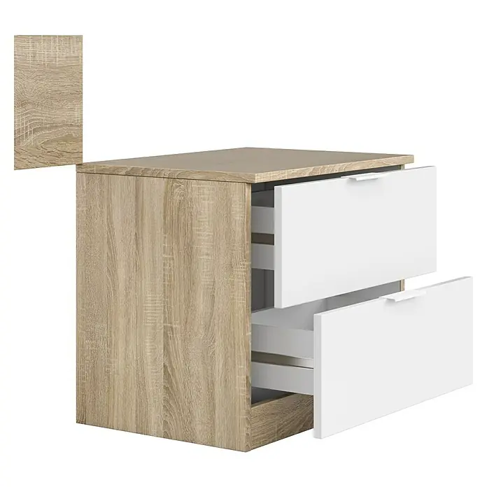 Cabecero de cama y mesita de noche Luca - Roble Canadian/Blanco Artik, 2 pzs. - Mesita de noche de dos cajones con marco de madera clara y frentes blancos, cajones parcialmente abiertos.
