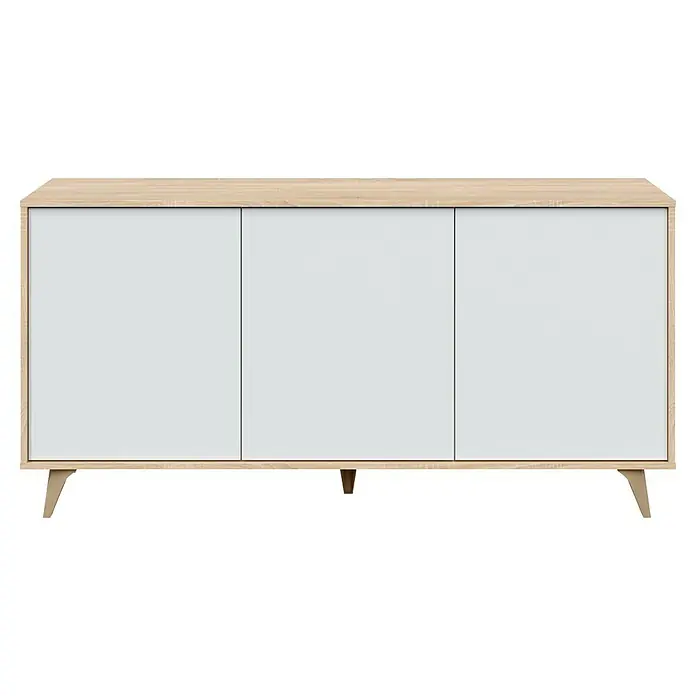 Aparador Kikua Plus - L x An x Al: 40 x 154 x 75 cm, Roble Canadian/Blanco Artik, Número de puertas: 3 ud. - Aparador de tres puertas de madera clara y blanco con patas anguladas para almacenamiento moderno.
