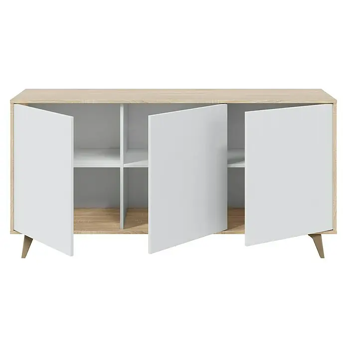 Aparador Kikua Plus - L x An x Al: 40 x 154 x 75 cm, Roble Canadian/Blanco Artik, Número de puertas: 3 ud. - Aparador de madera clara con puertas blancas, algunas abiertas, revelando estantes internos y patas cónicas.