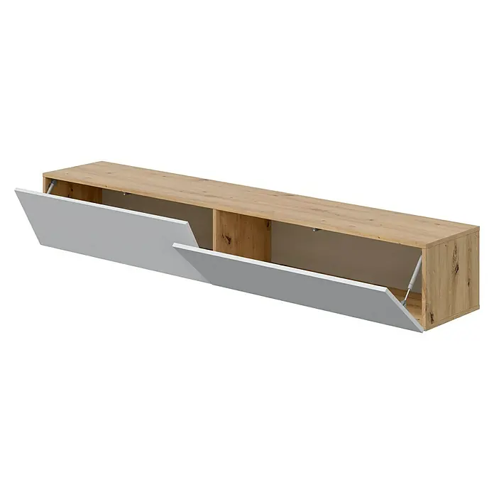 Mueble para TV Kaway - L x An x Al: 34,5 x 180 x 28 cm, Roble Nodi/Blanco Artik - Mueble bajo de pared con acabado de madera clara y dos puertas abatibles blancas abiertas.