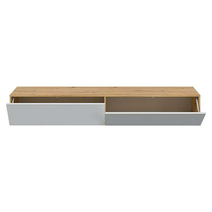 Mueble para TV Kaway - L x An x Al: 34,5 x 180 x 28 cm, Roble Nodi/Blanco Artik - Mueble de pared con tapa de roble claro y dos solapas grises push-to-open, una parcialmente abierta.