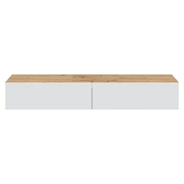 Mueble para TV Kaway - L x An x Al: 34,5 x 180 x 28 cm, Roble Nodi/Blanco Artik - Armario colgante blanco con dos compartimentos y una tapa efecto madera clara.