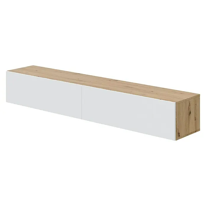 Mueble para TV Kaway - L x An x Al: 34,5 x 180 x 28 cm, Roble Nodi/Blanco Artik - Mueble bajo rectangular con tapa y laterales de madera clara, y dos paneles frontales blancos.