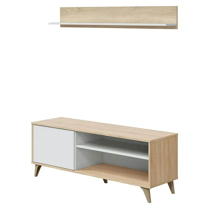 Mueble para TV con estante Kikua Plus - Roble Canadian/Blanco Artik, 2 pzs. - Mueble de TV de madera clara y blanco con puerta corredera, estantes abiertos y patas anguladas, acompañado de una balda flotante a juego.