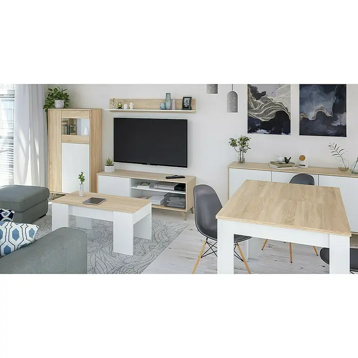 Mueble para TV con estante Kikua Plus - Roble Canadian/Blanco Artik, 2 pzs. - Conjunto de muebles modernos para sala/comedor en madera clara y blanco.