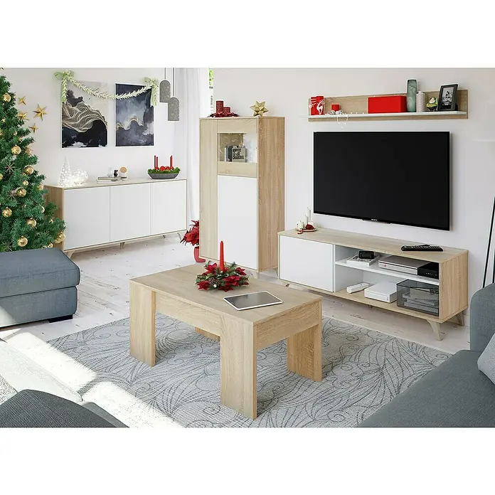 Mueble para TV con estante Kikua Plus - Roble Canadian/Blanco Artik, 2 pzs. - Conjunto de muebles de salón modernos en madera clara y blanco, incluyendo mueble TV, armario y mesa de centro, en un ambiente festivo.