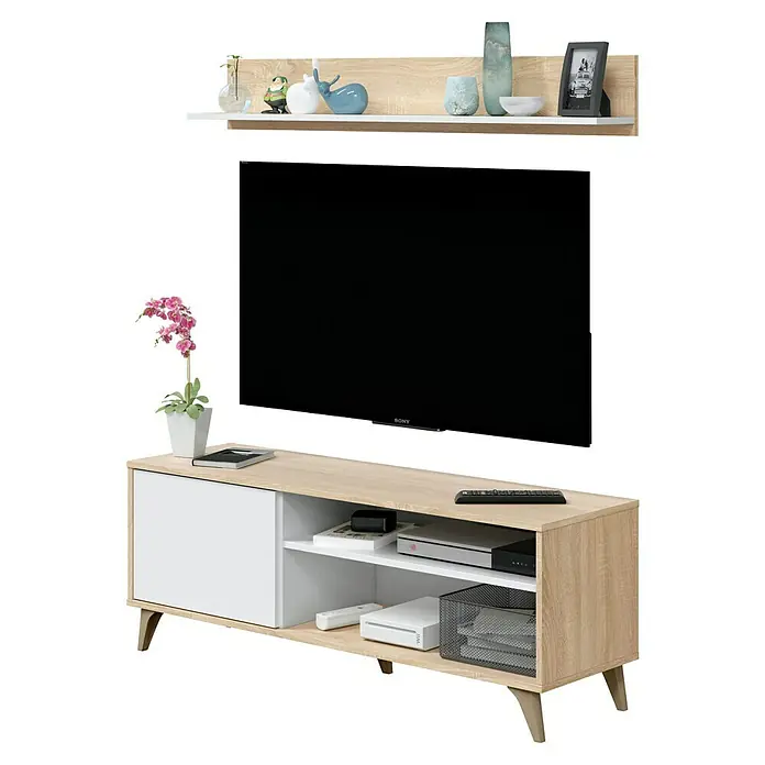 Mueble para TV con estante Kikua Plus - Roble Canadian/Blanco Artik, 2 pzs. - Mueble TV de madera clara y blanco con televisor, estante de pared y objetos decorativos.