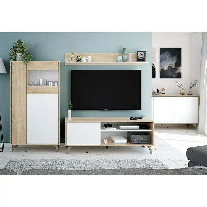Mueble para TV con estante Kikua Plus - Roble Canadian/Blanco Artik, 2 pzs. - Conjunto moderno de mueble TV y armario alto en madera clara y blanco, para medios y almacenamiento de sala de estar.