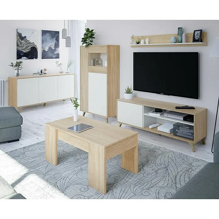 Mueble para TV con estante Kikua Plus - Roble Canadian/Blanco Artik, 2 pzs. - Muebles de salón modernos en madera clara y blanco, con aparador, vitrina, mesa de centro y mueble de TV con estante de pared.