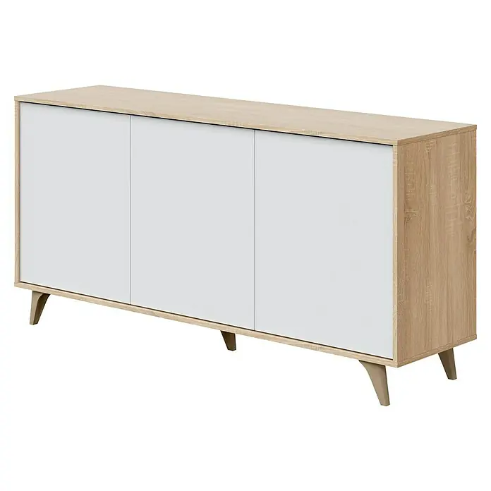 Aparador Kikua Plus - L x An x Al: 40 x 154 x 75 cm, Roble Canadian/Blanco Artik, Número de puertas: 3 ud. - Aparador moderno con tres puertas blancas y estructura de madera clara, con patas cónicas.