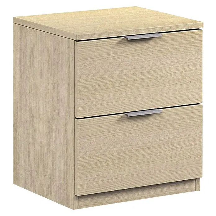 Mesita de noche Finn - L x An x Al: 33,5 x 38 x 45 cm, Roble, Número de cajones: 2 ud. - Mesita de noche de madera clara con dos cajones y tiradores metálicos.