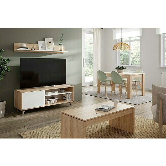 Mueble para TV con estante Kikua Plus (Roble Canadian/Blanco Artik, 2 pzs.) | BAUHAUS