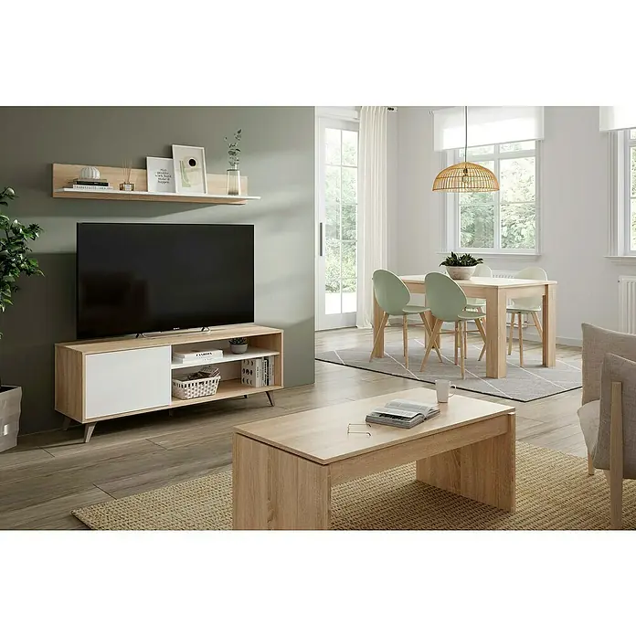 Mueble para TV con estante Kikua Plus - Roble Canadian/Blanco Artik, 2 pzs. - Mueble de TV moderno efecto roble claro con puertas blancas, estante flotante y mesa de centro a juego en una sala de estar.