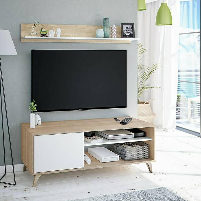 Mueble para TV con estante Kikua Plus (Roble Canadian/Blanco Artik, 2 pzs.) | BAUHAUS