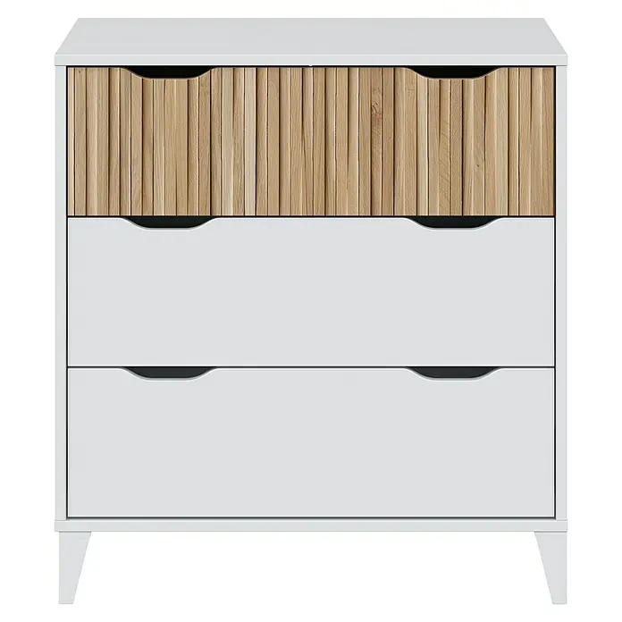 Cómoda Noite - L x An x Al: 40 x 70,5 x 76 cm, Blanco Artik/Natur, Número de cajones: 3 ud. - Cómoda blanca con tres cajones. El superior es de madera natural acanalada; los dos inferiores son blancos lisos con tiradores integrados.