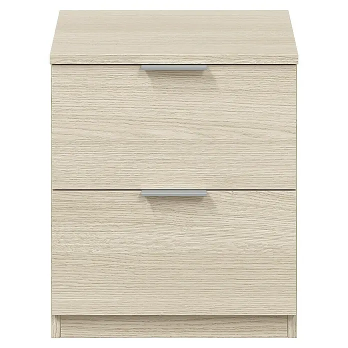 Mesita de noche Finn - L x An x Al: 33,5 x 38 x 45 cm, Roble, Número de cajones: 2 ud. - Cómoda de dos cajones efecto roble claro con tiradores plateados.