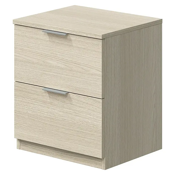 Mesita de noche Finn - L x An x Al: 33,5 x 38 x 45 cm, Roble, Número de cajones: 2 ud. - Mesita de noche de dos cajones con acabado de madera clara y tiradores plateados modernos.