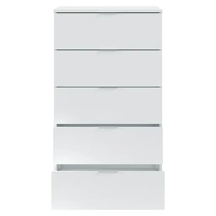 Cómoda 007845A - L x An x Al: 40 x 60 x 110 cm, Blanco Artik, Número de cajones: 5 ud. - Cómoda blanca de cinco cajones con tiradores integrados. El cajón inferior está ligeramente abierto.