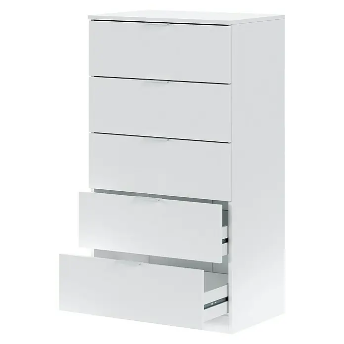 Cómoda 007845A - L x An x Al: 40 x 60 x 110 cm, Blanco Artik, Número de cajones: 5 ud. - Cómoda blanca de cinco cajones, los dos inferiores parcialmente abiertos revelando las guías metálicas.