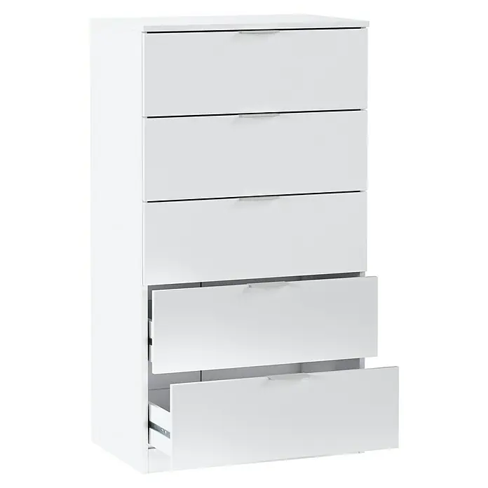 Cómoda 007845A - L x An x Al: 40 x 60 x 110 cm, Blanco Artik, Número de cajones: 5 ud. - Cómoda blanca moderna con cinco cajones, dos de ellos parcialmente abiertos, mostrando su interior y las guías.