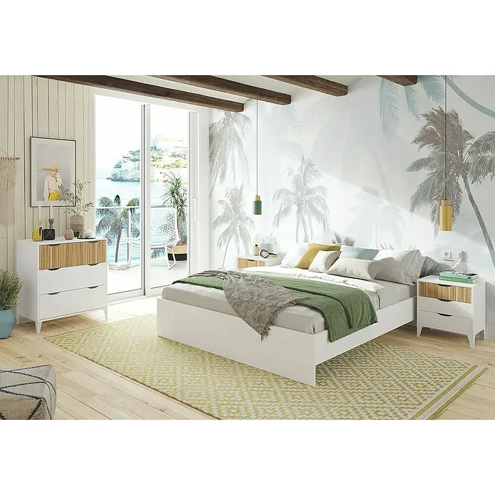 Cómoda Noite - L x An x Al: 40 x 70,5 x 76 cm, Blanco Artik/Natur, Número de cajones: 3 ud. - Cama blanca con manta verde y cómoda a juego con detalles de madera en un dormitorio luminoso.
