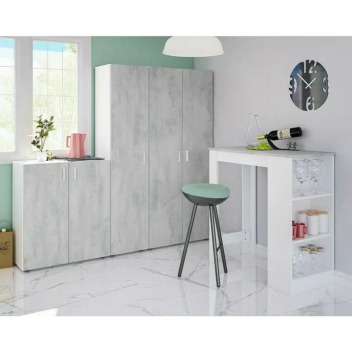 Armario multiusos de madera Tidy - L x An x Al: 37 x 41 x 182 cm, Blanco Artik/Cemento - Cocina/comedor moderna con armarios efecto hormigón, mesa de bar blanca y taburete verde menta.