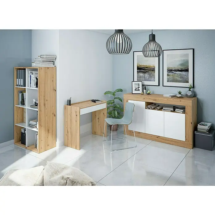 Estantería de madera Noa - L x An x Al: 33 x 71,5 x 137 cm, Roble Nodi/Blanco Artik, Vertical/Horizontal - Conjunto de muebles de oficina en casa de madera clara y blanco, con escritorio, estantería y mueble de almacenaje.