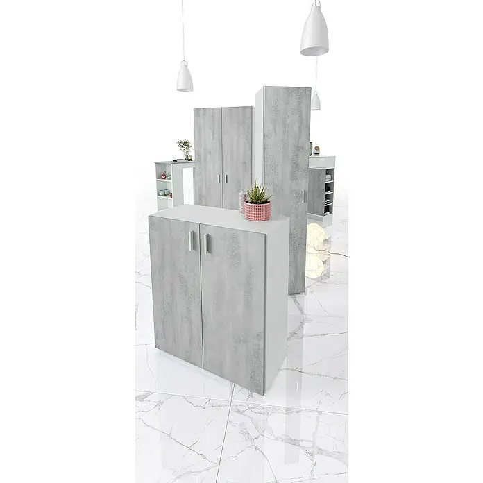 Armario multiusos de madera Tidy - L x An x Al: 37 x 41 x 182 cm, Blanco Artik/Cemento - Muebles de almacenamiento modular modernos con puertas efecto hormigón gris y marcos blancos, dispuestos en una sala de exposición.