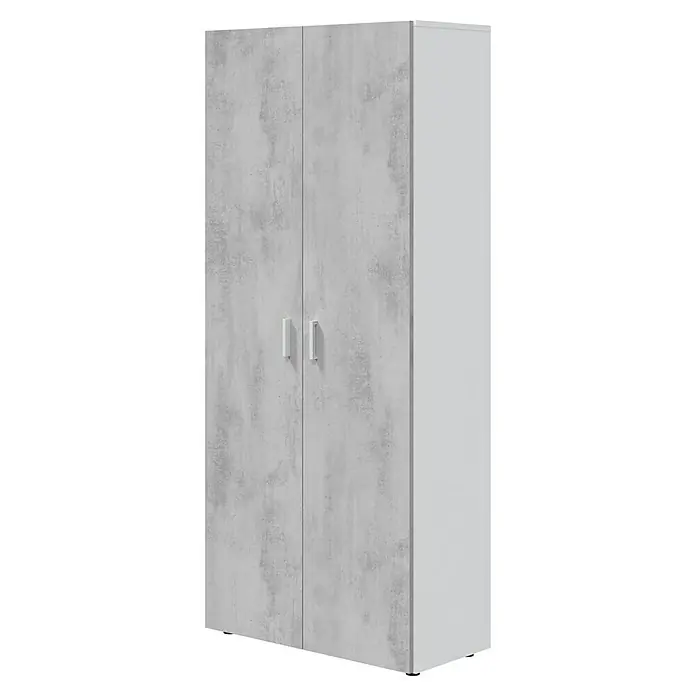 Armario multiusos de madera Tidy - L x An x Al: 37 x 80 x 182 cm, Blanco Artik/Cemento - Armario de dos puertas con frentes de efecto hormigón gris, paneles laterales blancos y tiradores blancos.