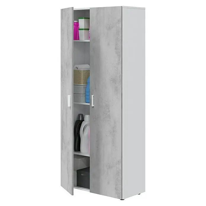 Armario multiusos de madera Tidy - L x An x Al: 37 x 80 x 182 cm, Blanco Artik/Cemento - Armario multiusos gris efecto hormigón, una puerta abierta revela estantes con productos de limpieza y cajas.