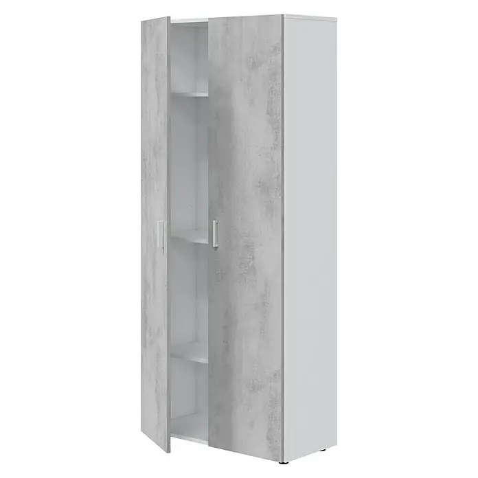 Armario multiusos de madera Tidy - L x An x Al: 37 x 80 x 182 cm, Blanco Artik/Cemento - Armario gris claro con aspecto de hormigón, con dos puertas ligeramente abiertas que revelan estantes interiores blancos y un panel lateral blanco.