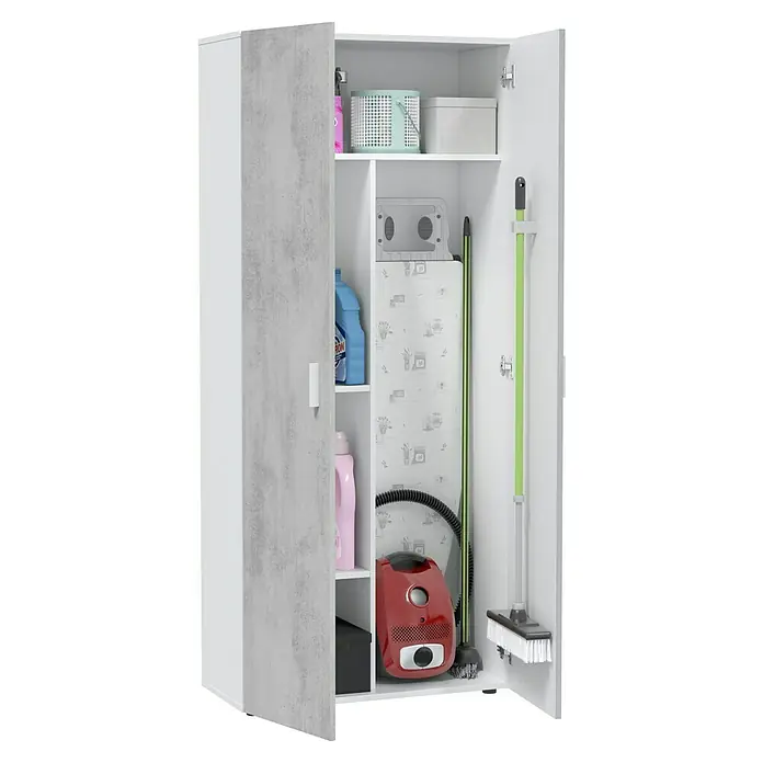 Armario multiusos de madera Tidy - L x An x Al: 37 x 80 x 182 cm, Blanco Artik/Cemento - Armario alto blanco y efecto hormigón gris con estantes para productos de limpieza y tabla de planchar.